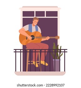 Musician playing guitar sitting on balcony at home. Man with musical instrument giving performance for neighbors. Cartoon character, vector in flat style