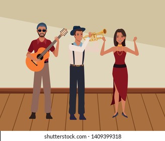 musician playing guitar trumpet and dancing avatar cartoon character indoor rehearsal room vector illustration graphic design