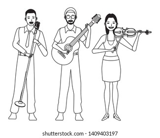 musician playing guitar violin and singing avatar cartoon character black and white vector illustration graphic design