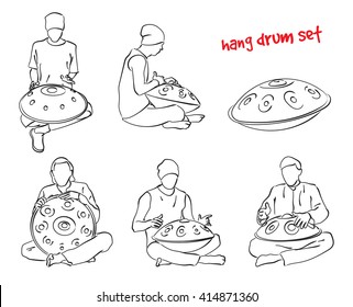 Musician playing hang drum. Vector silhouette set on white background.