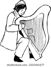 Musician playing harp ink sketch. Musical performer illustration. Isolated vector drawing. 