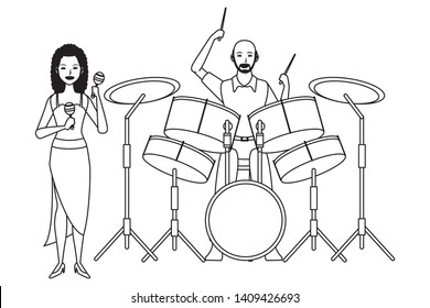 musician playing maracas and drums avatar cartoon character black and white vector illustration graphic design