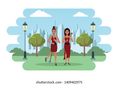 musician playing maracas and singing avatar cartoon character in the park cityscape skyscraper vector illustration graphic design