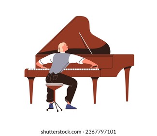 Musician playing music, performing on grand piano, back view from behind. Happy man player sitting with hands on keys, keyboard instrument. Flat vector illustration isolated on white background