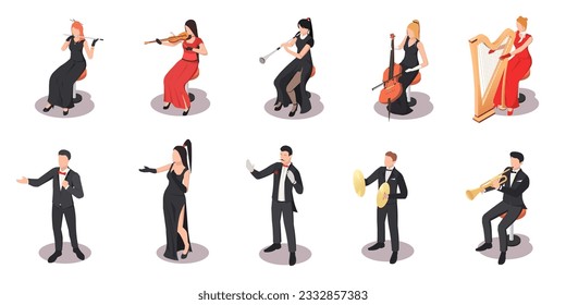 Musician playing music, various musical instrument, orchestra, classic costume, woman, man, violin, vocalist, saxophone, singer, cymbals. Isolated on white background. Isometric vector illustration