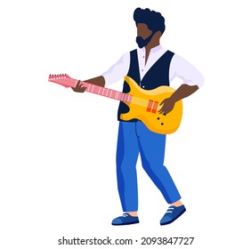 Musician playing on electric guitar sings song isolated. Guitarist holding string acoustic instrument, enjoys music. Talented musician performing on stage with stringed instrument. Hobby or concert
