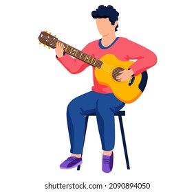 Musician playing on guitar sings song isolated character. Guitarist holding string acoustic instrument, enjoys music. Talented musician performing on stage with stringed instrument. Hobby or concert