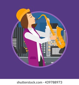 Musician playing on saxophone. Woman playing on saxophone in the night. Young woman with saxophone in the city street. Vector flat design illustration in the circle isolated on background.