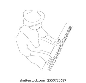 Músico tocando el piano una línea dibujando el Vector. el músico conceptual realiza el concierto, el compositor compone la música. Jazz, clásico con una inscripción, letras, escrito a mano. 
 Vector hecho a mano, no IA.