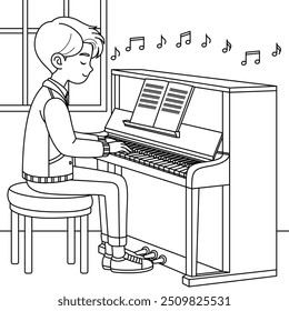 Musician Playing the Piano Outline Coloring Page. Labor Day Hand Drawn Clip Art