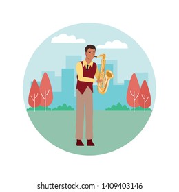 musician playing saxophone avatar cartoon character in the park cityscape round icon vector illustration graphic design