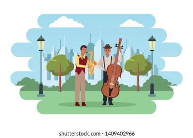 musician playing saxophone and bass avatar cartoon character in the park cityscape skyscraper vector illustration graphic design