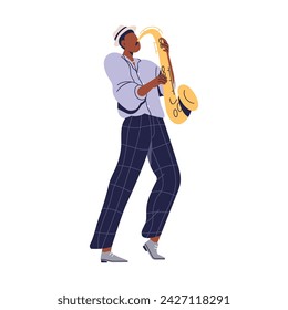 Musician playing saxophone. Black jazz man, music player performing solo, holding sax, brass instrument. African jazzman saxophonist performance. Flat vector illustration isolated on white background