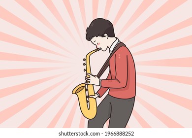 Musician and playing saxophone concept. Small positive man boy cartoon character musician standing and playing saxophone music melody vector illustration 