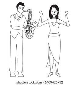 musician playing saxophone and dancer avatar cartoon character black and white vector illustration graphic design