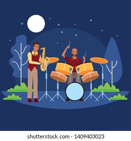 musician playing saxophone and drums avatar cartoon character in the park at night vector illustration graphic design