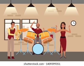 musician playing saxophone drums and dancing avatar cartoon character indoor rehearsal room vector illustration graphic design