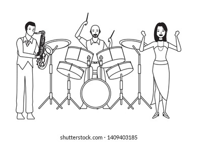 musician playing saxophone drums and dancing avatar cartoon character black and white vector illustration graphic design