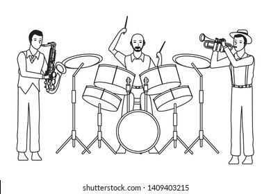 musician playing saxophone drums and trumpet avatar cartoon character black and white vector illustration graphic design