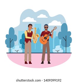 musician playing saxophone and guitar avatar cartoon character in the park cityscape skyscraper vector illustration graphic design