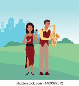 musician playing saxophone and maracas avatar cartoon character in the park cityscape skyscraper vector illustration graphic design