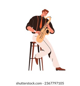 Músico tocando saxofón. Un reproductor de música actuando solo, sosteniendo un instrumento sax en las manos, sentado. Espectáculo masculino saxofonista, jazz y blues. Ilustración vectorial plana aislada en fondo blanco