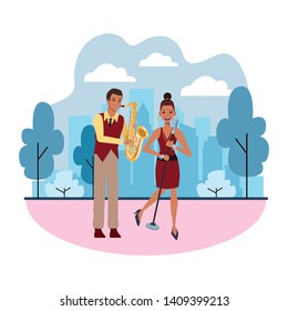 musician playing saxophone and singing avatar cartoon character in the park cityscape skyscraper vector illustration graphic design