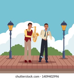 musician playing saxophone and singing avatar cartoon character in the park vector illustration graphic design