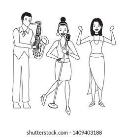 musician playing saxophone singing and dancing avatar cartoon character black and white vector illustration graphic design