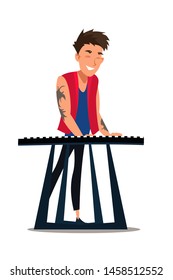 Musician playing synthesizer flat illustration. Performer, digital piano, electronic musical instrument player. Cool young man with tattoo isolated cartoon character on white background