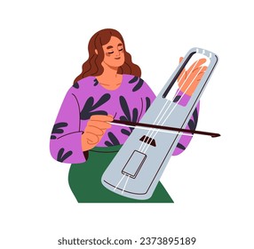 Musician playing tagelharpa, northern folk music instrument. Happy woman performing on talharpa, Scandinavian Sweden stringed bowed harp. Flat vector illustration isolated on white background