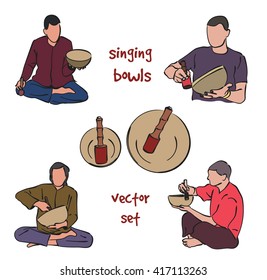 Musician playing tibetan singing bowls. Vector silhouette set on white background.