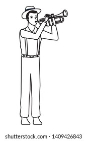 musician playing trumpet avatar cartoon character black and white vector illustration graphic design