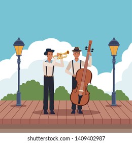 musician playing trumpet and bass avatar cartoon character in the park vector illustration graphic design