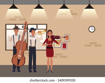 musician playing trumpet bass and violin avatar cartoon character indoor rehearsal room vector illustration graphic design