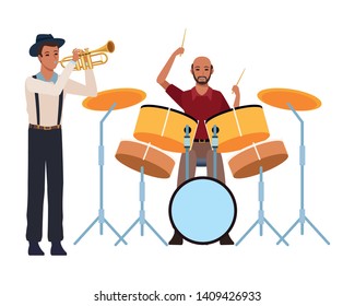 musician playing trumpet and drums avatar cartoon character vector illustration graphic design