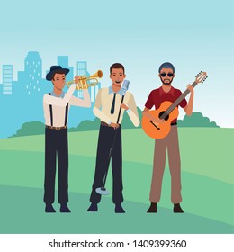musician playing trumpet guitar and singing avatar cartoon character in the park cityscape skyscraper vector illustration graphic design