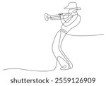 Musician playing trumpet, jazz man, man plays trumpet musical instrument line vector