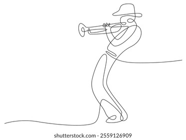 Musician playing trumpet, jazz man, man plays trumpet musical instrument line vector