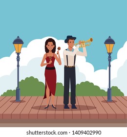 musician playing trumpet and maracas avatar cartoon character in the park vector illustration graphic design