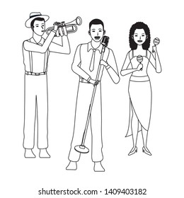 musician playing trumpet maracas and singing avatar cartoon character black and white vector illustration graphic design