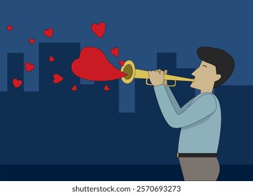 Musician playing trumpet with red heart shape. Love concept background. Vector illustration.