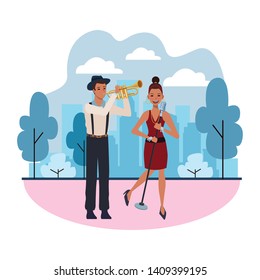 musician playing trumpet and singing avatar cartoon character in the park cityscape skyscraper vector illustration graphic design