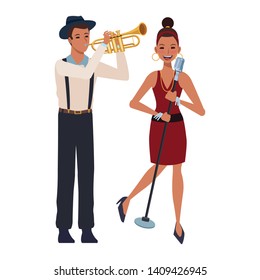 musician playing trumpet and singing avatar cartoon character vector illustration graphic design