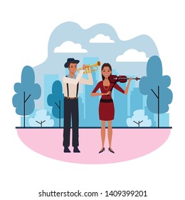 musician playing trumpet and violin avatar cartoon character in the park cityscape skyscraper vector illustration graphic design