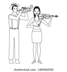 musician playing trumpet and violin avatar cartoon character black and white vector illustration graphic design