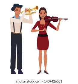 musician playing trumpet and violin avatar cartoon character vector illustration graphic design