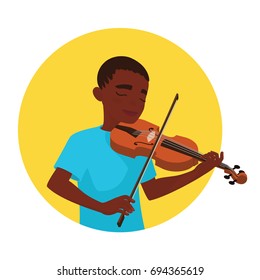 Musician playing violin. Boy violinist is inspired to play a classical musical instrument. Vector illustration in cartoon style in the yellow circle on white background for your design and print.