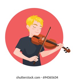 Musician playing violin. Boy violinist is inspired to play a classical musical instrument. Vector illustration in cartoon style in the red circle on white background for your design and print.