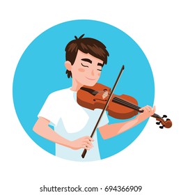 Musician playing violin. Boy violinist is inspired to play a classical musical instrument. Vector illustration in cartoon style in the blue circle on white background for your design and print.